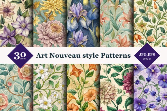 Art Nouveau Style Seamless Patterns 01