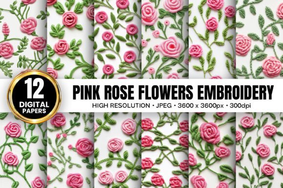 Pink Embroidered Roses Seamless Patterns